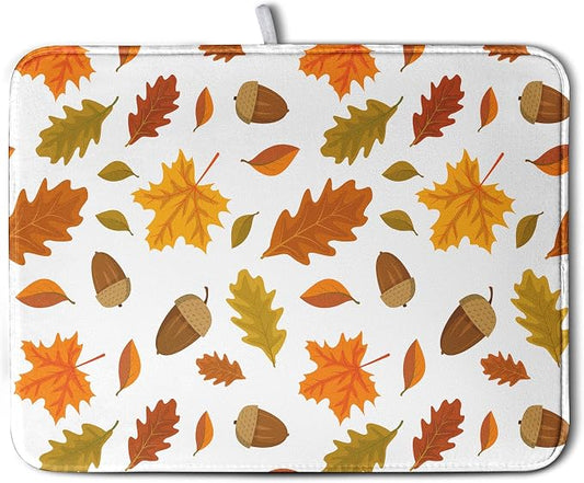 Fall Leaves Dish Drainer Mat - Absorbent Drying Mat for Counter - 18x24 Inch, Orange Maple Leaf Pattern