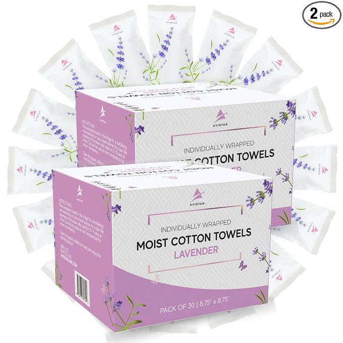 60 Hot or Cold Wrapped Moist Towels – 9'' x 9" Moist Towelettes Individually Wrapped Scented Disposable Face & Hand – Pre-Moistened Hand Wipes Soft Refreshing for Travel, Spa, Restaurant - Lavender