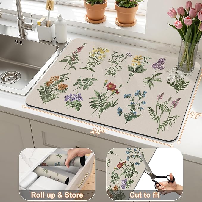 LOKHOM Dish Drying Mat for Kitchen Counter, 16"x24" Absorbent Coffee Bar Mat with Vintage Sage Flower Herbs, Dish Drainer Rack Mat for Kitchen Counter
