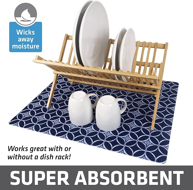 Drymate Jumbo XL Dish Drying Mat (19”x24”), Low-Profile, Super Absorbent, Quick Dry Fabric, Waterproof & Slip-Resistant, for Kitchen Counter, Trimmable, Easy to Clean (USA Made)(Indigo)