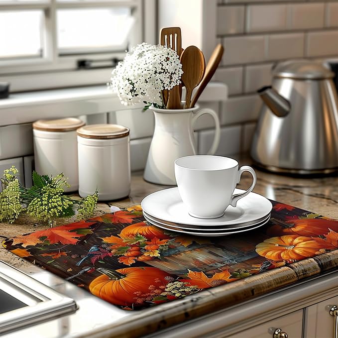 Fall Pumpkin Maple Leaf Bird Dish Drying Mat for Kitchen Counter 18x24 Inch Autumn Harvest Reversible Microfiber Drying Mats Thanksgiving Drying Pad Orange Brown Super Absorbent Dish Drainer Mats