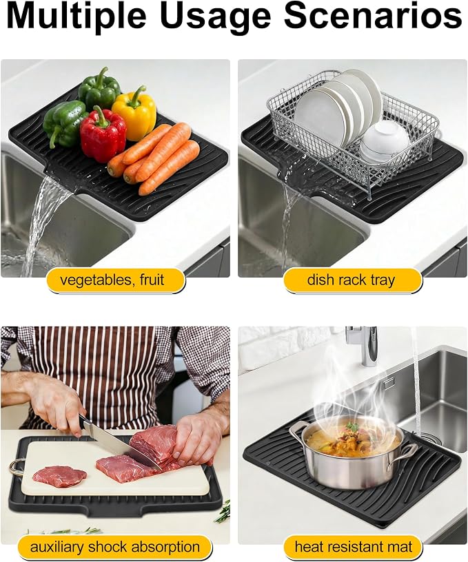 Silicone Dish Drying Mat for Kitchen Counter, Non-Slip Drain Pad with Built-in Drain, Heat Resistant Dish Drying Pad, Multi-Use Drying Mat, Dishwasher Safe & Hangable, Black, 19.7" x 15"