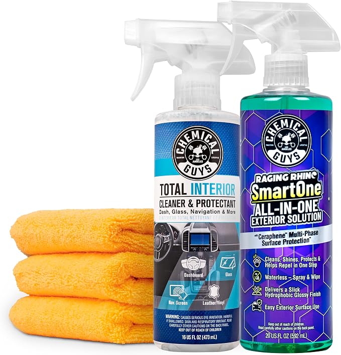 Chemical Guys, Raging Rhino Exterior & Total Interior Kit, 5-Piece | All-in-one exterior spray plus Total Interior cleaner and three microfiber towels for a full inside-out clean, slick gloss