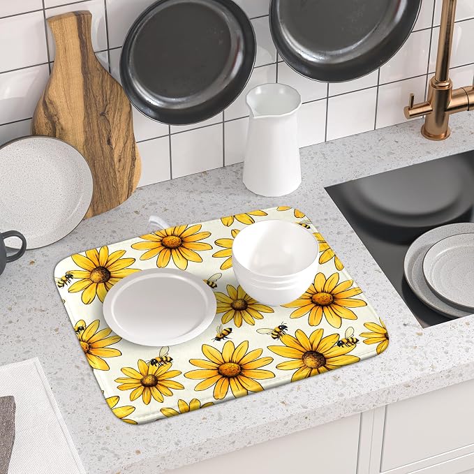 Spring Summer Sunflower Bee Dish Drying Mat 16×18 Inch | Polyester，Absorbent Microfiber，for Kitchen Coffee Dining Bar Decor