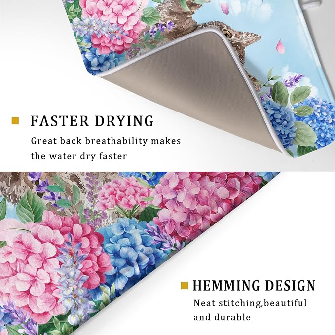 Cute Cat Dish Drying Mats for Kitchen Counter Hydrangea Floral Absorbent Drying Dishes Mat Large 18 X 24