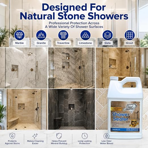 Black Diamond Stoneworks Natural Stone Shower Sealer – Penetrating Water-Based Sealer for Marble, Granite, Travertine, Limestone & Grout – Water & Stain Protection. 1-Gallon