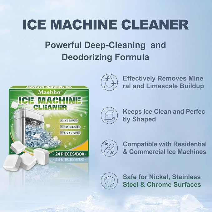 24pack Ice Machine Cleaner Maker Descaler Tablets Compatible with All Major Brands, Nickel Safe Descaler Countertop Portable Commercial Icemaker Cleaning - Bulk 1 Year Supply