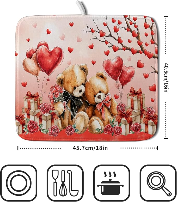 Valentines Day Dish Drying Mat Bear Lover Absorbent Kitchen Drying Mats for Countertops 18 X 16