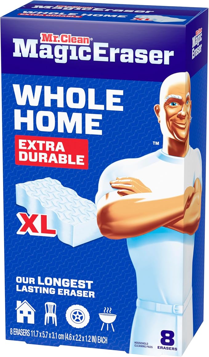 Mr. Clean Magic Eraser Sponge, All Purpose Cleaner, Long Lasting Cleaning Scrubber, Wall, Sneaker, Oven, Kitchen, Bathroom, Shower Cleaner, Cleaning Supplies, Whole Home Extra Durable XL, 8ct