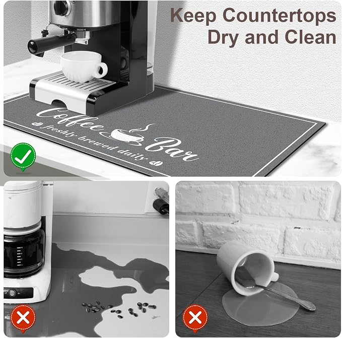 CooRug Absorbent Coffee Mat, Fashion Dish Drying Mat for Kitchen Counter Coffee Bar Accessories Espresso Machine Dish Rack 16" x 24" Dark Grey