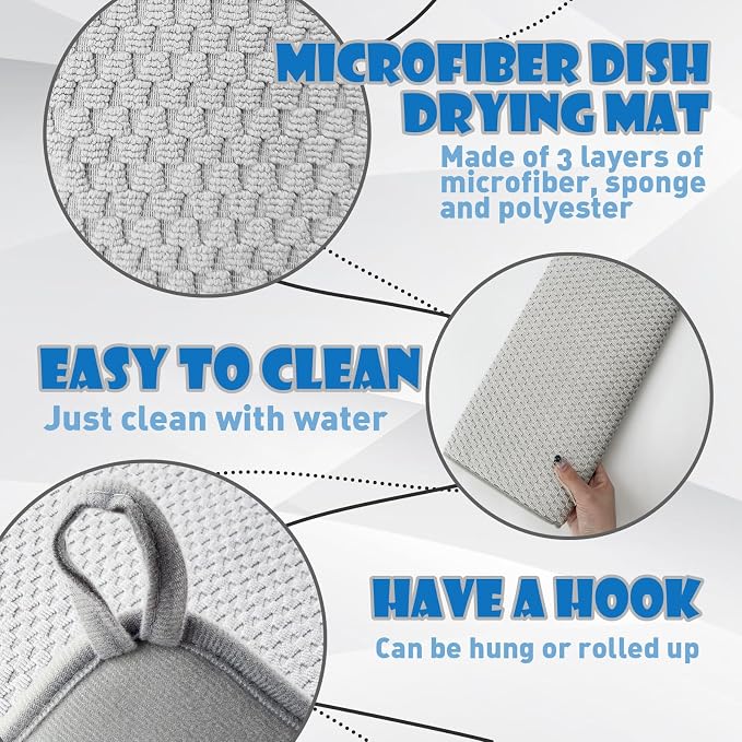 2 Pack Microfiber Dish Drying Mat,24 x 17 inch Super Absorbent Drying Pad,Large Size Dish Drying Mat for Countertops,Sinks,Draining Racks,Gray