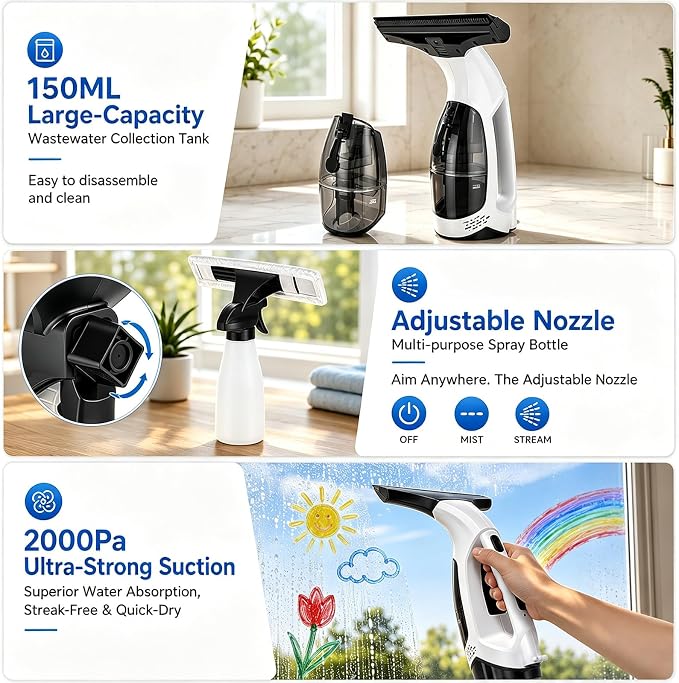 Window Vacuum Squeegee Cordless, 2000Pa Electric Window Cleaner Tool, 150ml Tank, 2200mAh Electric Window Glass Squeegee 280mm Wide Blade, 150ml Tank, Window Cleaning Kit for Glass Mirror Tile Car