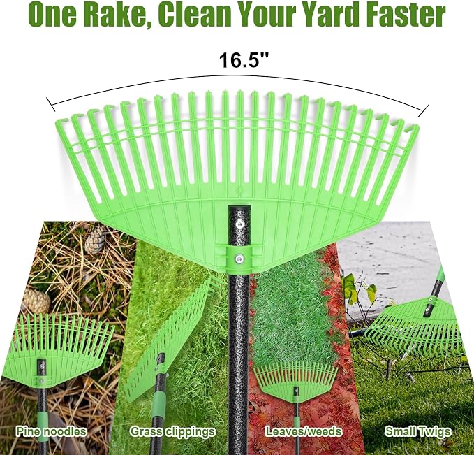 Plastic Leaf Rake with Adjustable 65'' Handle - Lightweight Outdoor Yard Rakes for Leaves,Grass & Pine Needle,Mulch,Gentle On Lawn Garden - Easy to Use for Women,Seniors & Kids