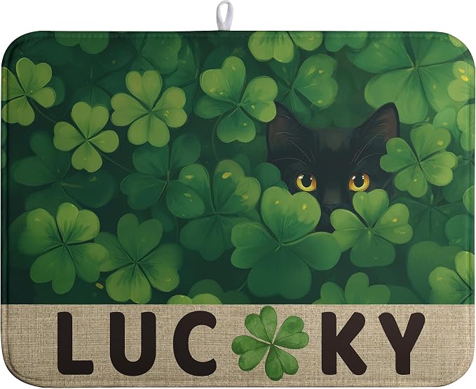 St Patricks Day Spring Shamrock Dish Drying Mats St Patrick's Day Dish Mat Cute Cat Drying Matt Dishes Dryer Pad for Kitchen Counter Absorbent Microfiber Washable Foldable Reusable 18x24 in