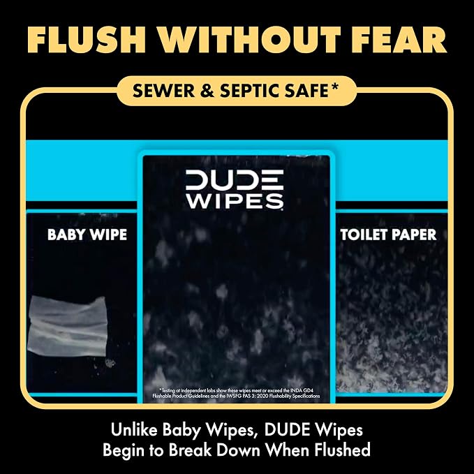 DUDE Wipes Shea BUTTer Adult Flushable Wet Wipes, Moisturizing, 144 Count | 3 packs of 48 extra large flushable butt wipes. Plastic-free wipes, 99% water, coconut oil, vitamin E and aloe. Septic safe.