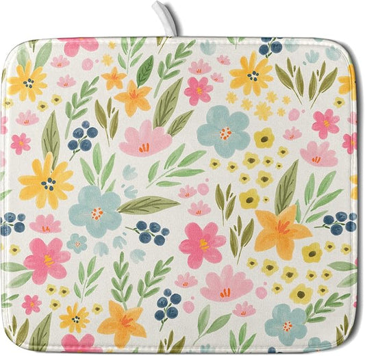 Spring Easter Floral Dish Drying Mat for Kitchen Counter 16x18 Green Pink Yellow Blue Cute Flower Print Absorbent Reversible Microfiber Drying Mats Kitchen Countertop Protector Dishes Drainer Pad