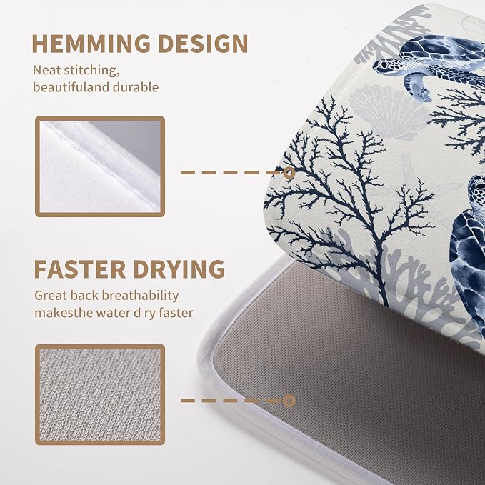 Summer Nautical Coastal Dish Drying Mat for Kitchen Counter Ocean Coral Sea Turtle Drying Rack Mats Beach Blue Dishes Drainer Mat Absorbent Microfiber Large Dish Draining Pad 18x24 Inch