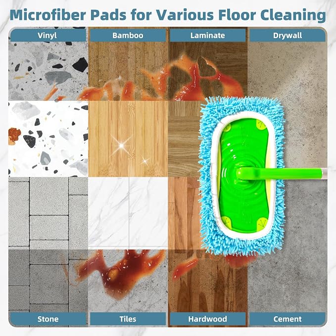Reusable Microfiber Mop Pads Compatible with Swiffer Sweeper Mop, Washable Wet Pads Refill & Chenille Dry Sweeping Cloths for Use on All Sealed Floors - Wood, Laminate, Stone & Tile (10 Coral Blue)