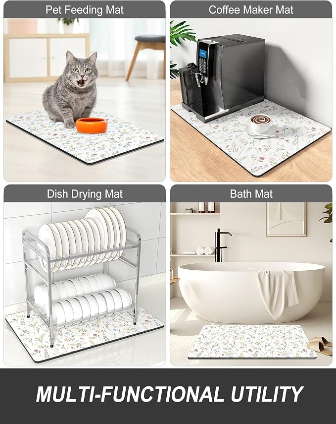 Rnivvi Dish Drying Mat for Kitchen Counter, 12 x 19" Cute Flower Theme Super Absorbent Draining Pad, Non-Slip Heat Resistant Coffee Bar Mat for Coffee Machine Station Accessories, White Dish Rack Pad