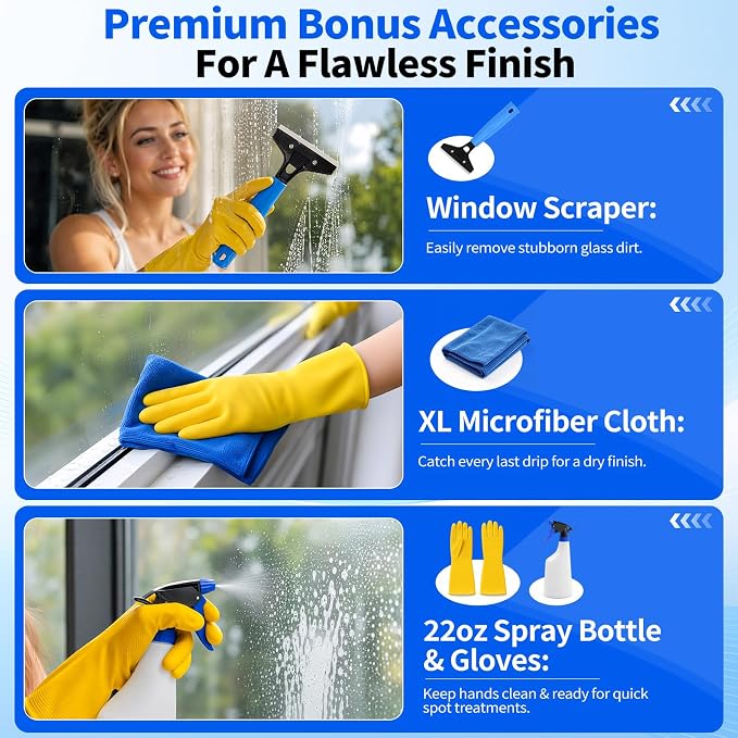 Window Cleaning Kit with 3 Gal Cleaning Bucket, Professional 14" Window Squeegee & 15" Window Scrubber with 78" Extension Pole, 18 PCS Glass Cleaning Tool Set for Home, Outdoor Car Window Cleaner