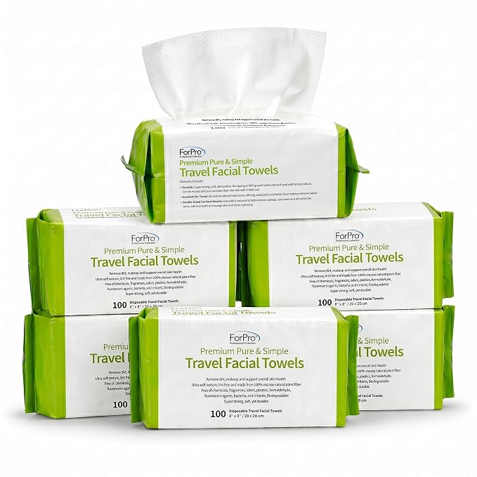 ForPro Travel Size Disposable Face Towels, 8"x8" Compact Dry Wipes Bulk Pack, Ultra Soft Lint-Free Viscose Makeup Remover Pads for Sensitive Skin, Biodegradable, Vegan, 600-Count