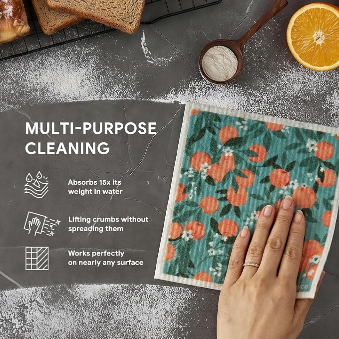 RECYCO Swedish Dishcloths for Kitchen | 6 Packs Orchard Grove Washable Dish Rags | Cellulose Reusable Cleaning Paper Towels | Absorbent Counter Dish Cloth Sponge Kitchen Wipes, 8" L x 7" W