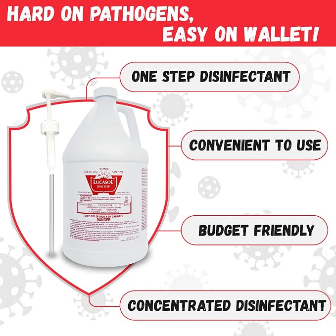 Lucasol One Step Disinfectant 1-Gallon with Attachable Pump Dispenser, All-Purpose Cleaner for Hospitals, Schools, Salons, Household Use and More