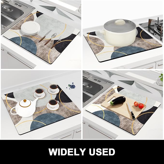 Rnivvi Dish Drying Mat for Kitchen Counter, 16 x 18" Cute Boho Theme Absorbent Heat Resistant Drying Pad with Non-slip Rubber, Coffee Bar Mats for Coffee Machine Dish Rack, Abstract Art Circle