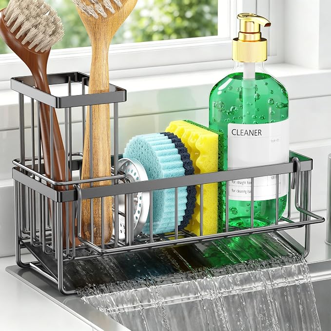 Sponge Holder for Kitchen Sink, Kitchen Sink Caddy, Kitchen Sink Sponge Holder, Dish Sponge Holder, Kitchen Sink Organizer for Sponge, Dish Brush, Scrubber(9.65" x 3.74" x 6.3", Dark gray)