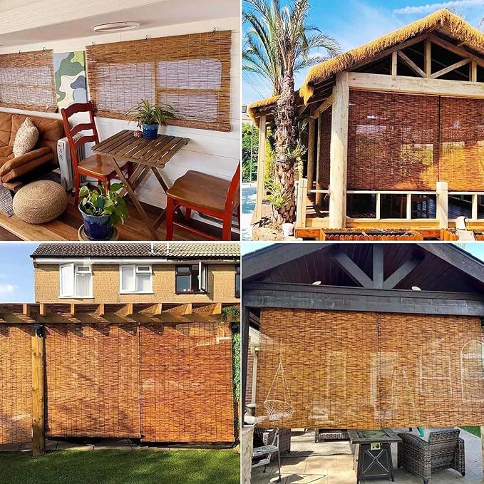 Cordless Bamboo Outdoor Blinds for Patio - Waterproof Reed Roller Shades for Porch Deck, Light Filtering Sun Shade Privacy Screen for Gazebo Pergola Windows, Retro Roman Shade(52" W x 24" H)