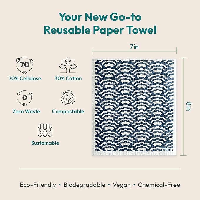 FEBU Swedish Dishcloths for Kitchen | 5 Pack Vintage Kitchen Reusable Paper Towels Washable | Swedish Dish Towels | Non-Scratch Cellulose Sponge Cloths | No Odor, Biodegradable Cleaning Cloths