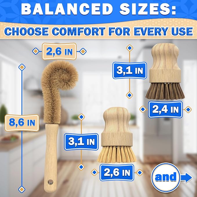 5 Pcs Bamboo Dish Brush Set, Non-Scratch Bristles, Replacement Head | Bamboo Dish Scrubber for Pots, Bottles & Vegetables; Soft for Delicate, Stiff for Stuck-On Messes; Bottle Brush Included