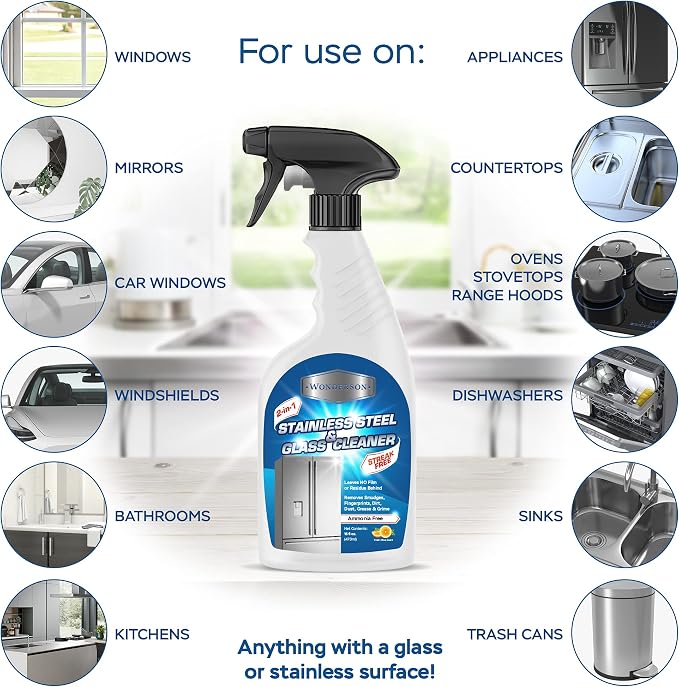 Wonderson 2-In-1 Stainless Steel & Glass Cleaner 16 Ounces - For Use On Appliances, Countertops, Sinks, Stovetops, Dishwashers, Windows, Bathrooms, Cars, & More! (2 Pack)