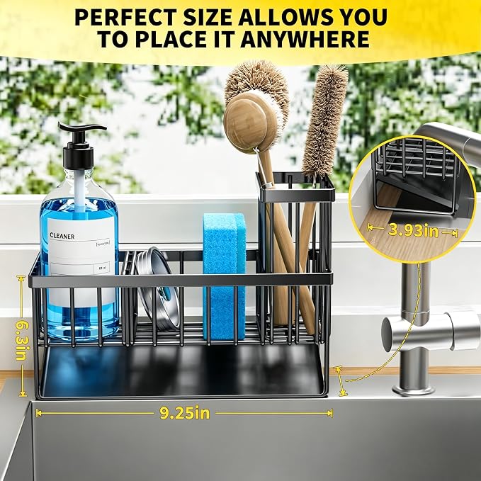 Cisily Sink Caddy Sponge Holder for Kitchen with Brush Holder and Stainless Steel Self Drain Tray, Rustproof Kitchen Sink Organizer for Sponge, Soap Dispenser Storage Accessories