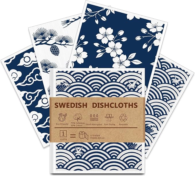 4 PCS Swedish Dishcloths, Japanese Pattern Reusable Kitchen Dish Cloths, Super Absorbent Cellulose Sponge Cloths, Odor Resistant, Dishwasher Safe & Multi-Purpose Cleaning Cloths
