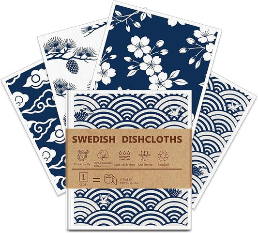 4 PCS Swedish Dishcloths, Japanese Pattern Reusable Kitchen Dish Cloths, Super Absorbent Cellulose Sponge Cloths, Odor Resistant, Dishwasher Safe & Multi-Purpose Cleaning Cloths