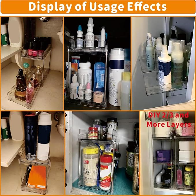 Yieach 4 Set Bathroom Organizers and Storage,2 Tier Clear Under Sink Organizer and Medicine Cabinet Organizer for Kitchen,Pantry Storage,Pull Out Drawers for Skincare,Pill Bottle,Spice Organization