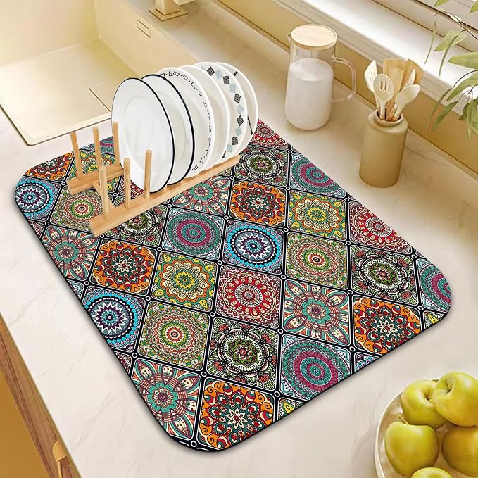 Dish Drying Mat for Kitchen Counter 18x24 Inch, Super Absorbent Dish Drainer Mat, Decorative Microfiber Dishes Drying Pad-Large(Plaid Boho)