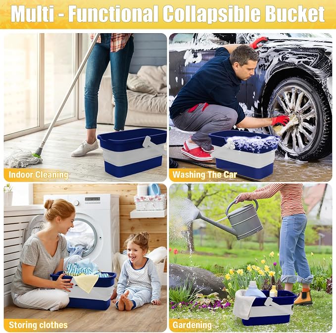 Collapsible Mop Bucket for Cleaning with Handle, 3 Gallon | Silicone Square Wash Bucket for Windows Cleaning Car Washing|Cleaning Supplies Organizer Plastic Water Bucket for Storage