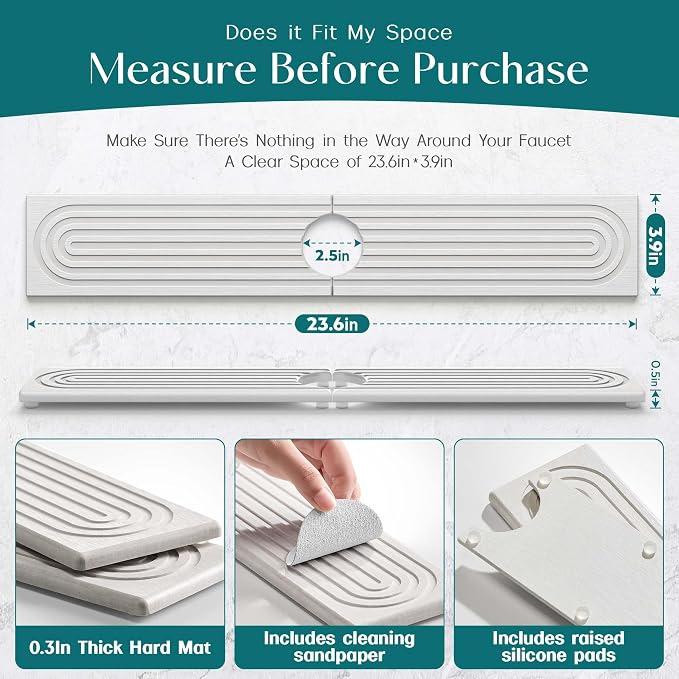Eormoe Faucet Mat for Kitchen Sink – Diatomite Stone Drying Mat & Sink Protectors, Prevent Moisture – Sink Splash Guard Water-Absorbing Stone Tray for Bathroom Counter (Light Grey, 23.6" x 3.9")