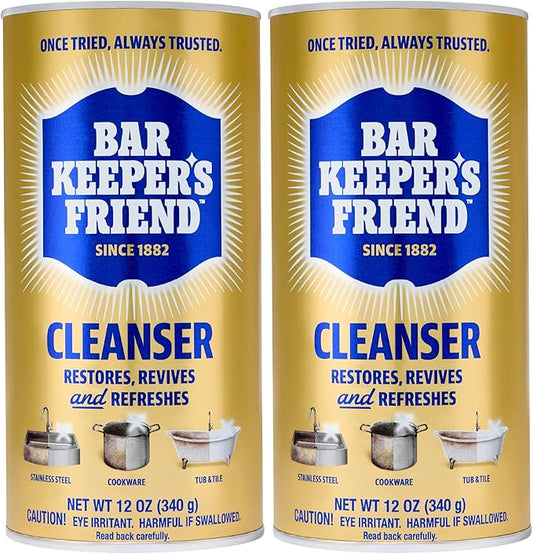 Bar Keepers Friend Powder Cleanser, 12 oz x 2, Multipurpose Cleaner, Degreaser & Remover for Burnt Stainless Steel Pots and Pans, Rust Stains, Hard Water Deposits & Soap Scum
