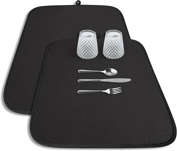 Kitsure Dish Drying Mat - 2-Pack Washable Microfiber Drying Mat for Kitchen Counter, 3-Layer Ultra Absorbent Pad with a Hanging Hook, 20" x 14", Black