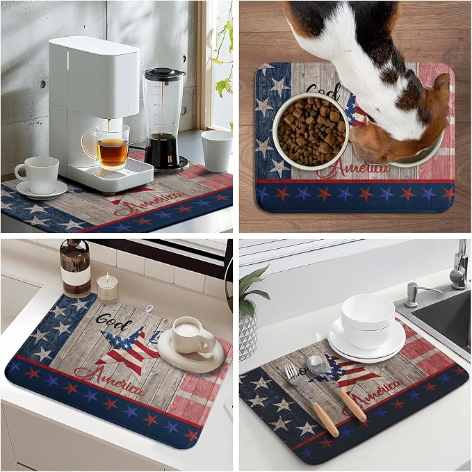 Kawani 4th of July Dish Drying Mat 18x24 Inch Patriotic God Bless America Memorial Kitchen Mats Independence Day Absorbent Dishes Pad for Kitchen Counter USA Star Drying Mat Home Decor for Countertop