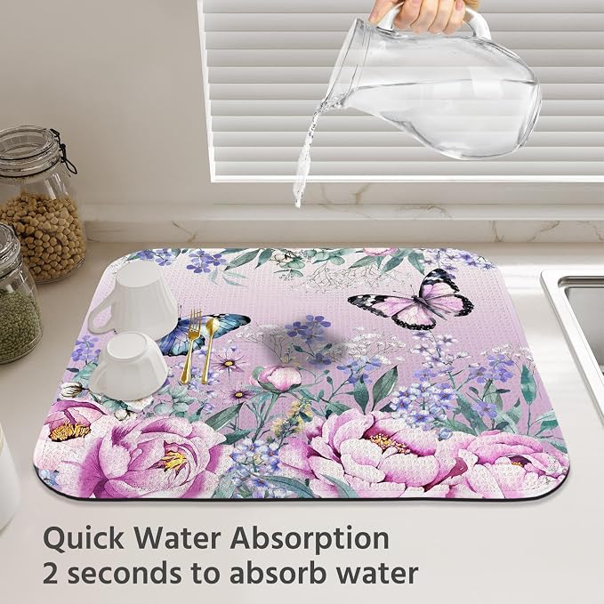 Dish Drying Mat for Kitchen Counter 16x18 Inch, Super Absorbent Dish Drainer Mat, Decorative Microfiber Dishes Drying Pad-Small(Purple Butterfly)