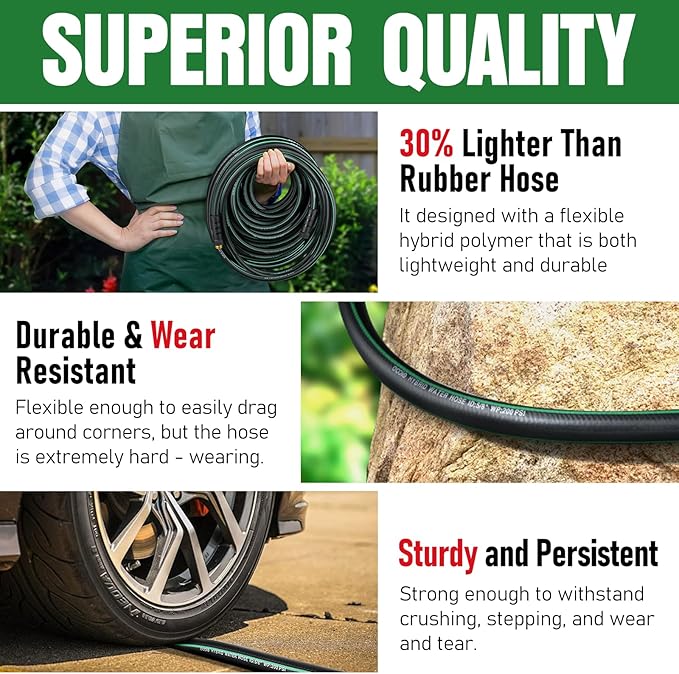 Garden Hose 50 ft x 5/8" with Nozzle, Water Hose Heavy Duty Flexible, Lightweight Kink-less Hybrid Hose with Swivel Handle, Male to Female Fittings