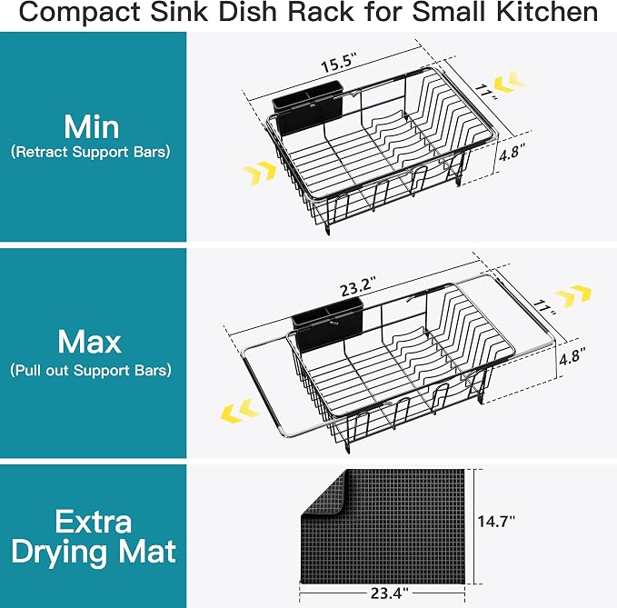 JASIWAY Black Dish Drying Rack in Sink with Mat, Expandable Stainless Steel Dish Drainers for Kitchen Counter, Space Saving Dish Dryer for Inside Sink, Over Sink Dish Racks with Utensil Holder