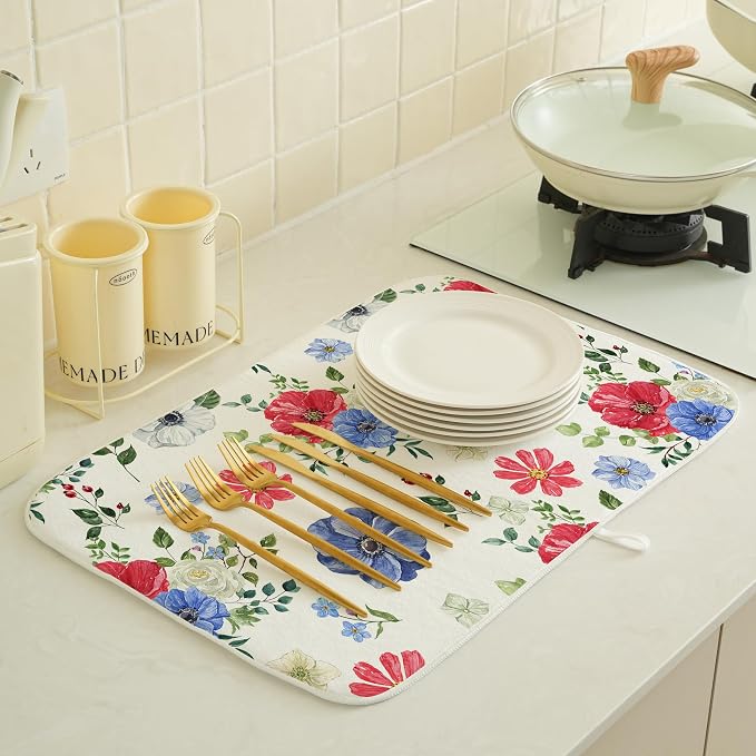 Blue Red Floral Dish Drying Mats 18x24 Inch Independence Day Flower Drying Mats 4th Of July Outdoor Decorations Absorbent Memorial Day Drying Dish Mats for Kitchen Dining Room Counter Decor
