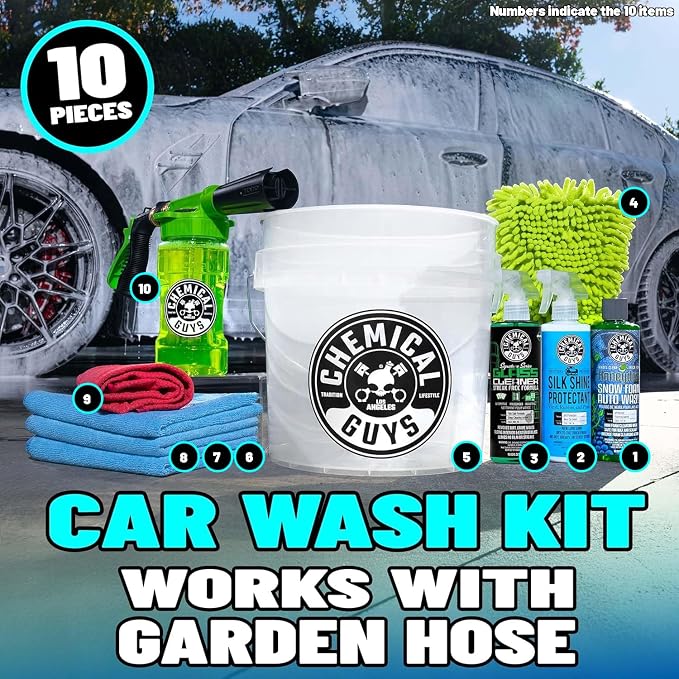 Chemical Guys, 10-Piece Arsenal Builder Car Wash Kit with Foam Gun, 16 oz | Foam gun, bucket and three 16 oz care chemicals, works off any garden hose for thick, gentle, scratch-free suds