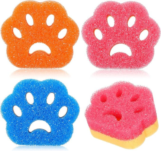 FillTouch 3 Pcs Dual Sided Scrub Sponge Multi Functional Cute Temperature Sensitive Non Scratch Dish Sponge for Washing Dishes Kitchen Bathroom (Cat Paw,Pink, Orange, Blue)