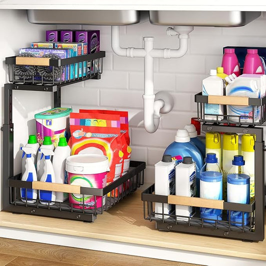 PXRACK Under Sink Organizer, Adjustable Height, 2 Tier Pull Out Under Cabinet Organizer, Slide Out Thickened Metal Under Sink Storage for Kitchen Bathroom Laundry Pantry Cabinet, Black, Large-2-Pack